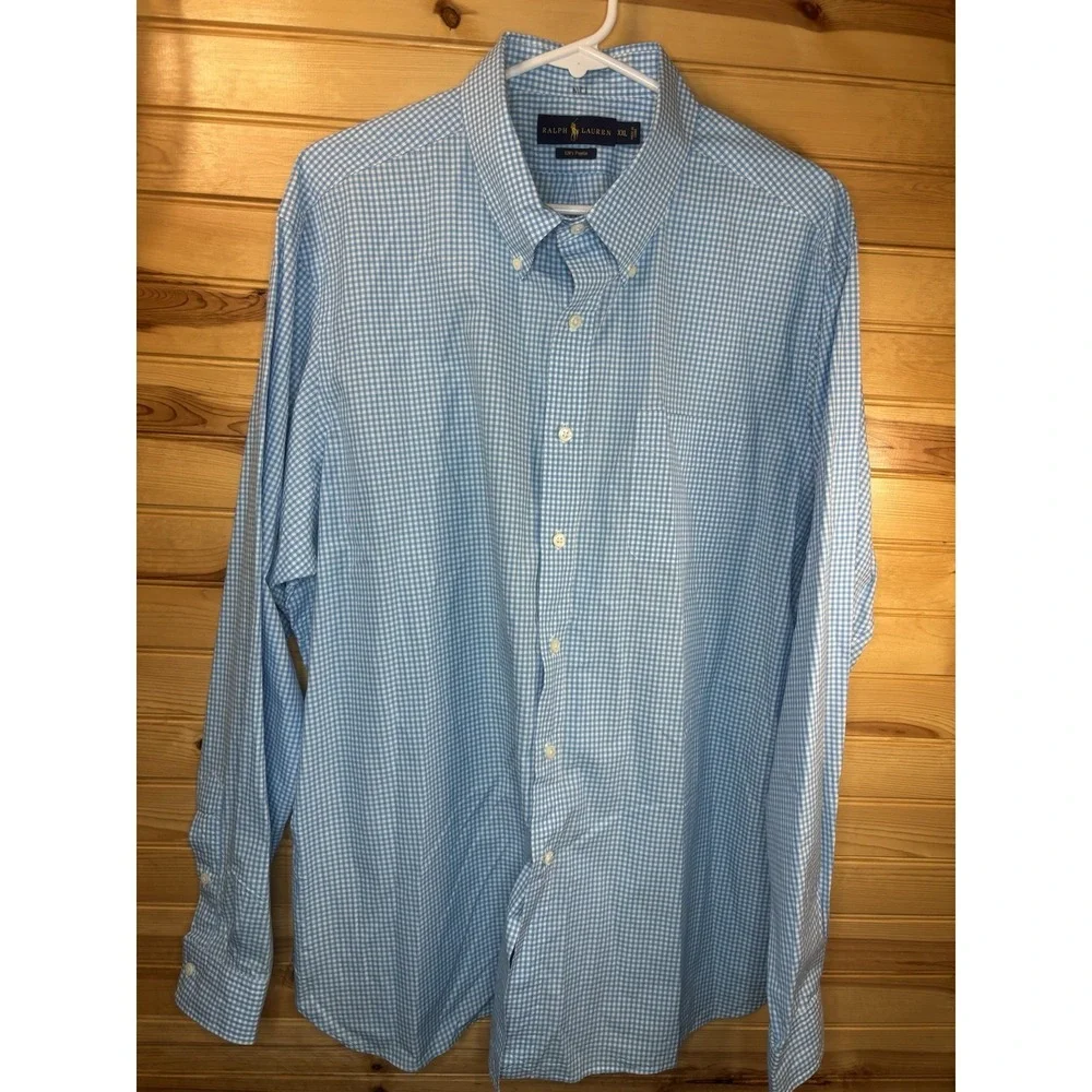Ralph Lauren 120s Poplin Button Down Shirt Gingham Check Light Blue‎ XXL